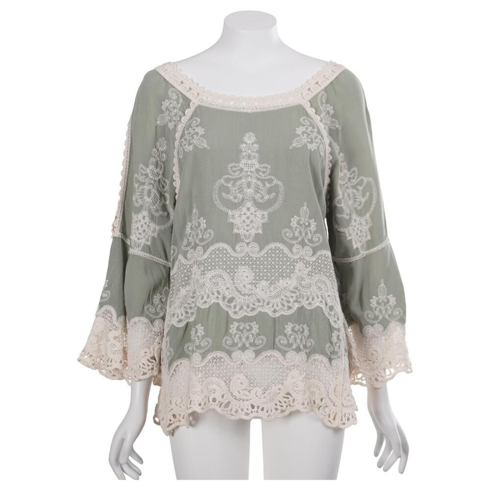 Democracy Top XS Green Ivory Embroidered Lace 3/4 Bell Sleeve Boho